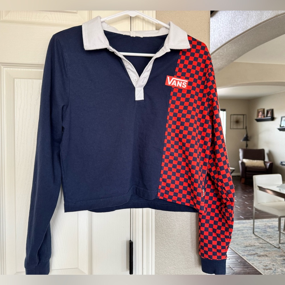 Vans Blue and Red Checkered Long Sleeve Polo